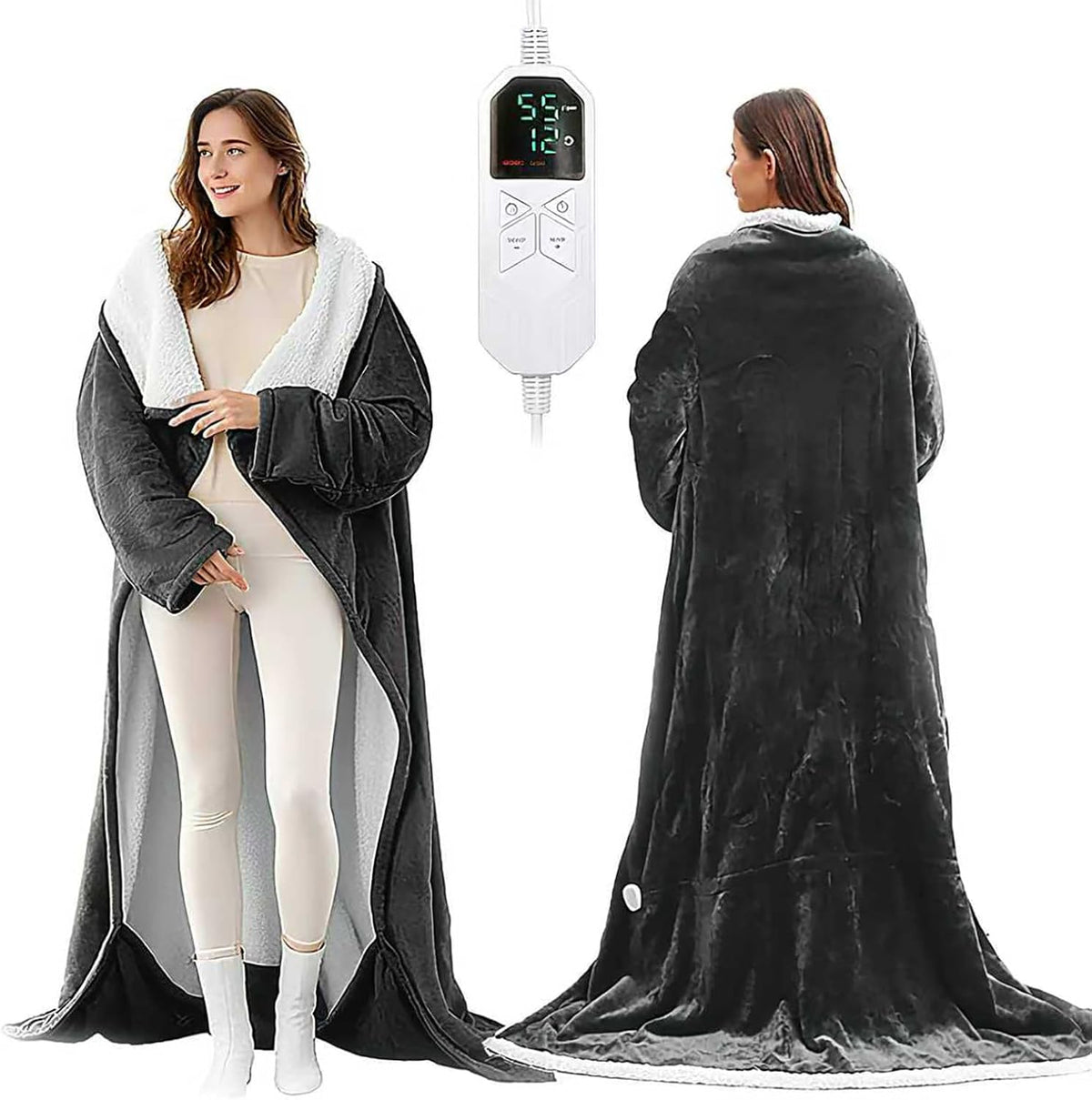 Wearable heated blanket front and back view with controller