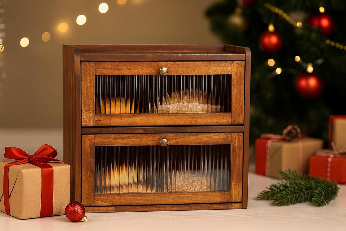 Bread Box for Kitchen Countertop Wooden Bread Storage Container Bin 2 Layer Breadbox Holder Large Capacity Keeper Vintage Farmhouse Food Organizer Pantry Shelf Acrylic Window (Brown)