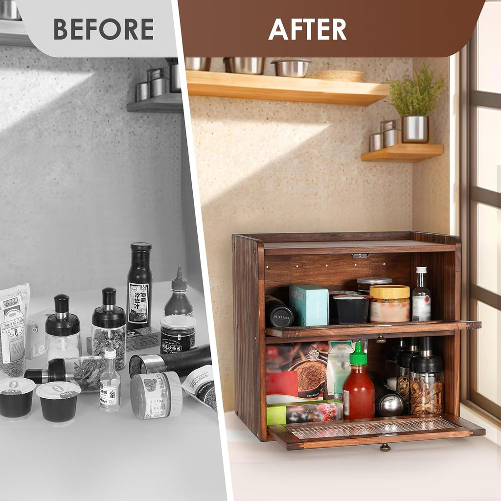 Bread Box for Kitchen Countertop Wooden Bread Storage Container Bin 2 Layer Breadbox Holder Large Capacity Keeper Vintage Farmhouse Food Organizer Pantry Shelf Acrylic Window (Brown)