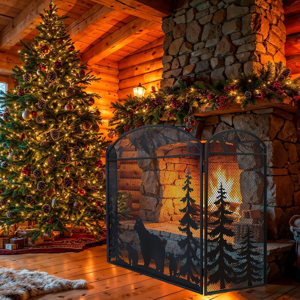 48" X 30" Fireplace Screen, 3 Panel Fire Place Cover for Living Room, Christmas Decoration Gate with Polar Bear for Brick Fireplace, Baby Proof, Pet Safety