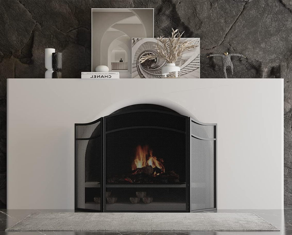 Lizh Metalwork 3 Panels Fireplace Screen with Arch Frame Simple Design 48"(L) X 29"(H),Black
