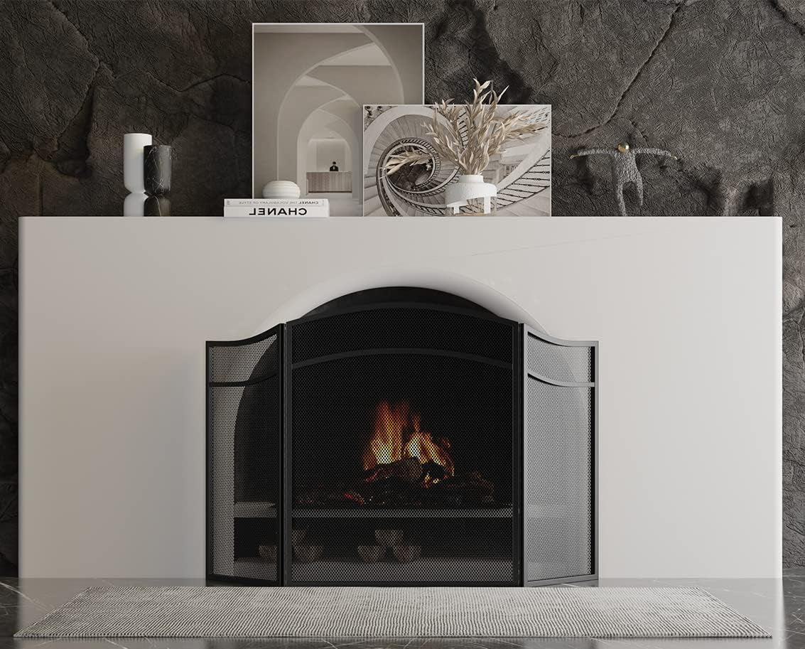 Lizh Metalwork 3 Panels Fireplace Screen with Arch Frame Simple Design 48"(L) X 29"(H),Black