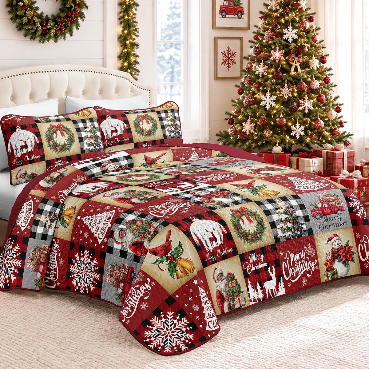 Christmas Quilt Set Queen Size, Red Black Buffalo Plaid Bedspread Coverlet