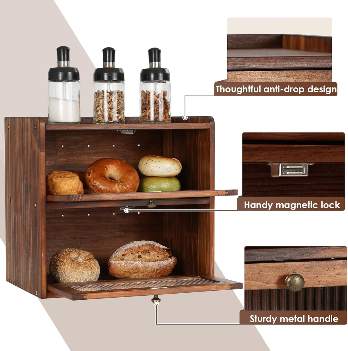 Bread Box for Kitchen Countertop Wooden Bread Storage Container Bin 2 Layer Breadbox Holder Large Capacity Keeper Vintage Farmhouse Food Organizer Pantry Shelf Acrylic Window (Brown)
