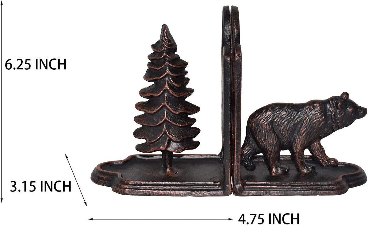 Bear Bookends Decorative, Heavy Duty Cast Iron Bookends for the Shelves, Pine Tree and Bear Statue Book End, Vintage Shelf Decor, Antique Bronze