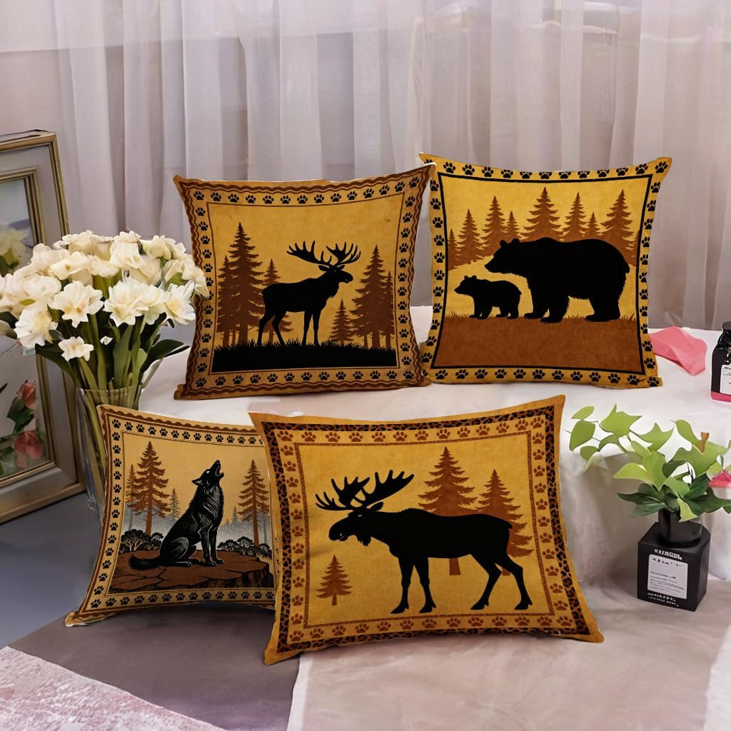 Rustic Wildlife Pillow Covers 18X18 Inch Set of 4, Moose Bear Wolf Cabin Decor Throw Pillow Cases, Farmhouse Vintage Forest Animal Cushion Covers for Living Room Sofa Rustic Home Decor (Brown)