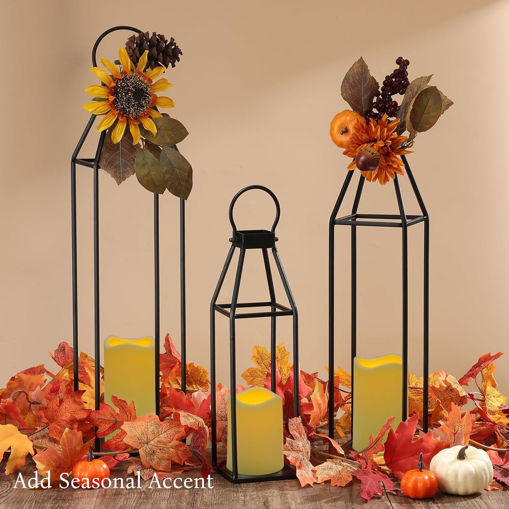 Set of 3 Black Metal Lanterns W/ Waterproof Flickering Flameless Candle & Remote Timer, Modern Farmhouse Lanterns Decorative for Outdoor, Front Porch, Indoor, Patio, Garden, Fireplace