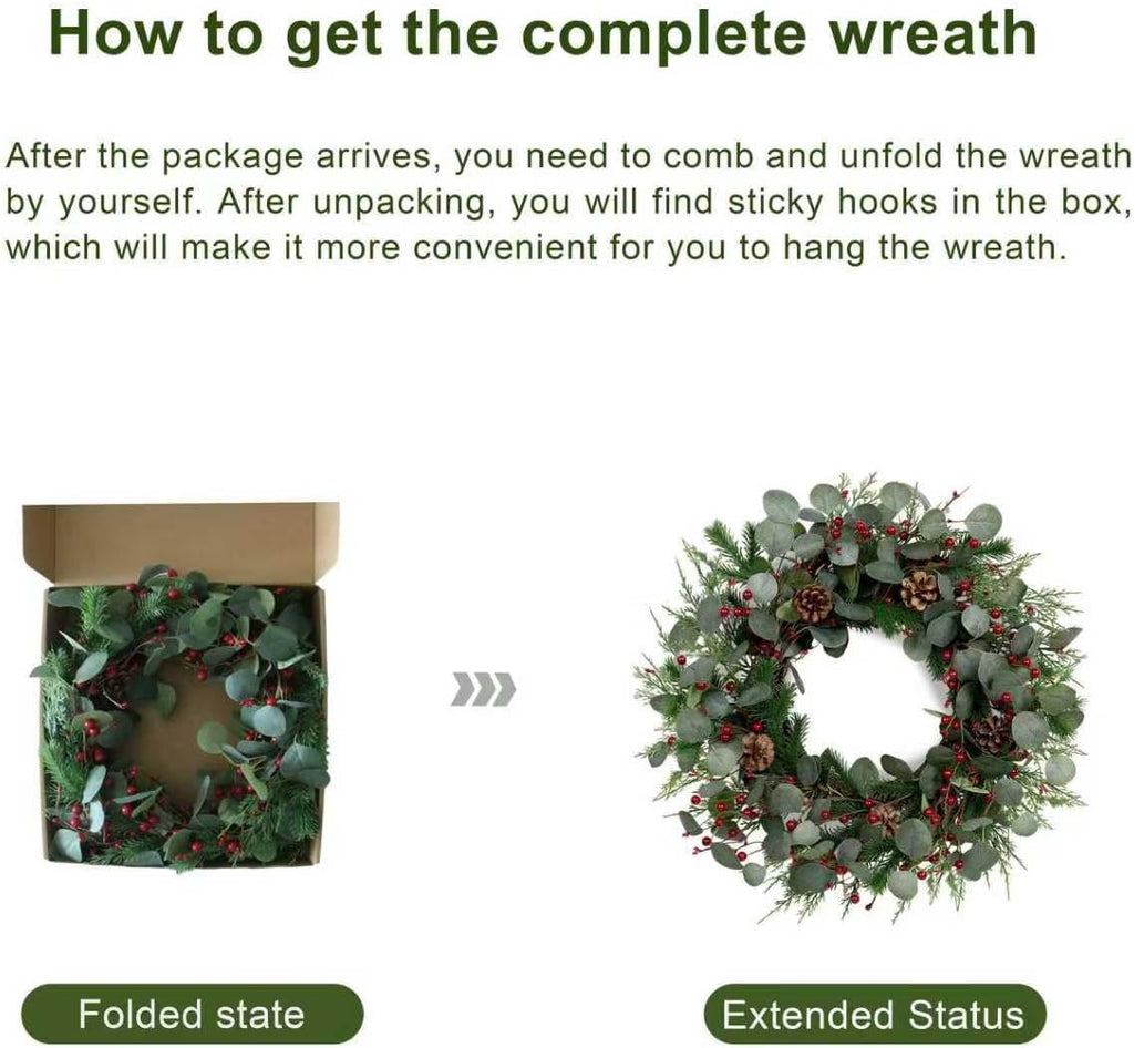 Christmas Wreath 24Inch Christmas Wreaths for Front Door Xmas Red Berry Wreath with Eucalyptus Leaves Pine Cones Red Berries for Wall Window Indoor Outdoor Winter Decorations