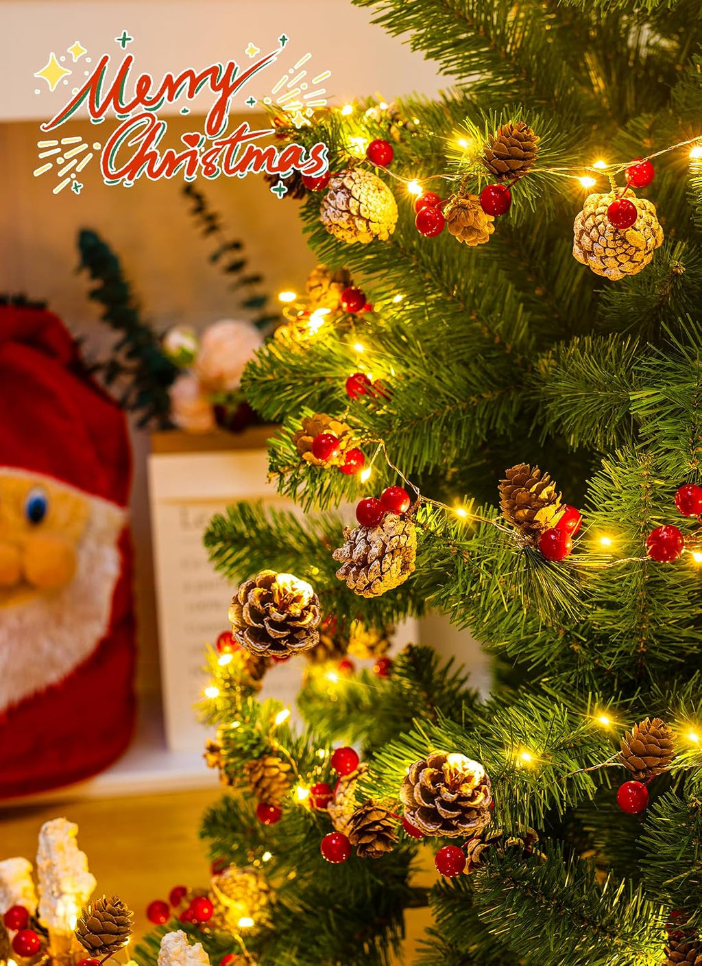 Christmas Pine Lighted Garland Decor,9.8 Ft 60 LED with 8 Modes 2PC
