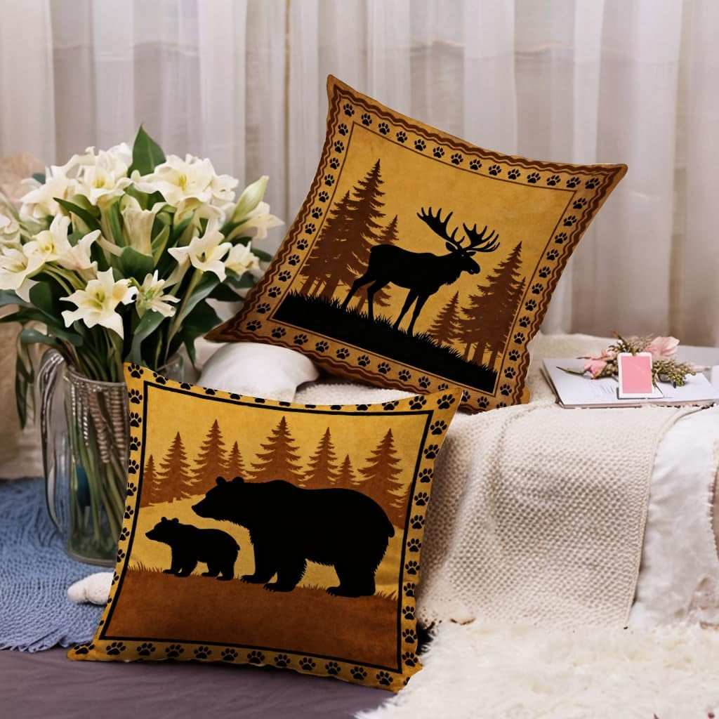 Rustic Wildlife Pillow Covers 18X18 Inch Set of 4, Moose Bear Wolf Cabin Decor Throw Pillow Cases, Farmhouse Vintage Forest Animal Cushion Covers for Living Room Sofa Rustic Home Decor (Brown)