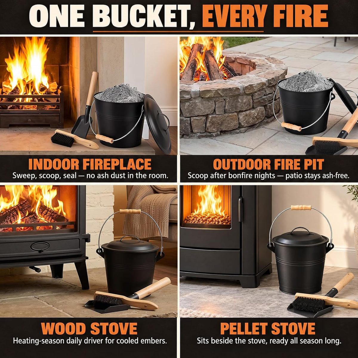 1.5 Gallon Ash Bucket for Fireplace with Lid, Shovel & Hand Brush - Small Heavy Duty Powder-Coated Galvanized Ash Can for Wood Stove, Pellet Stove, Fire Pit & Grill Cleanup Black