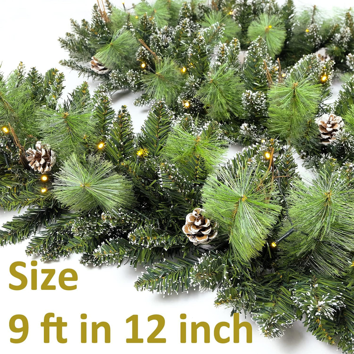 Christmas Garland Prelit 9 Ft with 50 Led Lights, Pine Cone and Snow Style Xmas Garland, Battery Operated Christmas Decor for Mantle Stair Indoor Outdoor