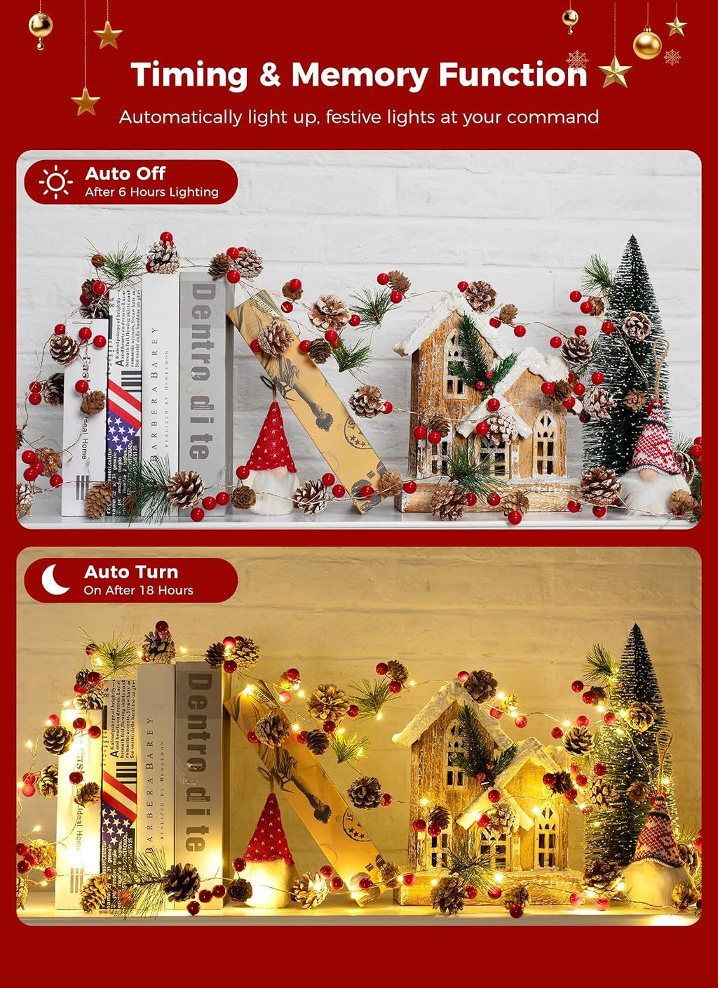 Christmas Pine Lighted Garland Decor,9.8 Ft 60 LED with 8 Modes 2PC