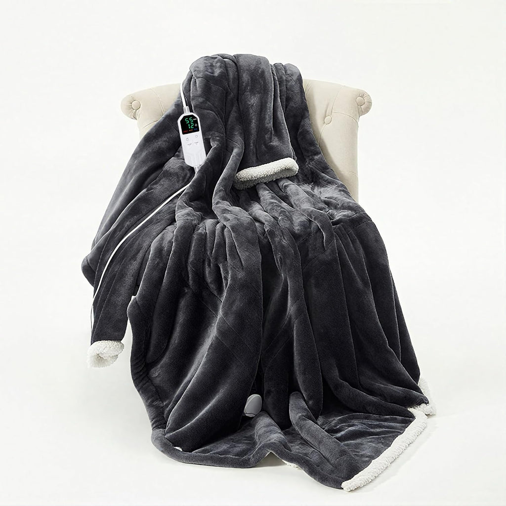 Heated throw blanket draped over a chair