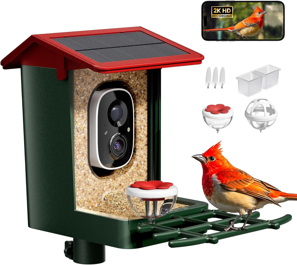 Solar bird feeder with camera, red roof and green body