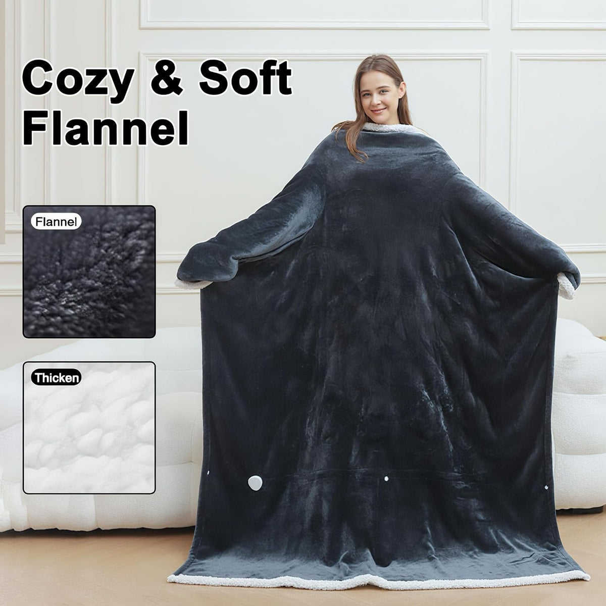 Wearable heated blanket with long sleeves