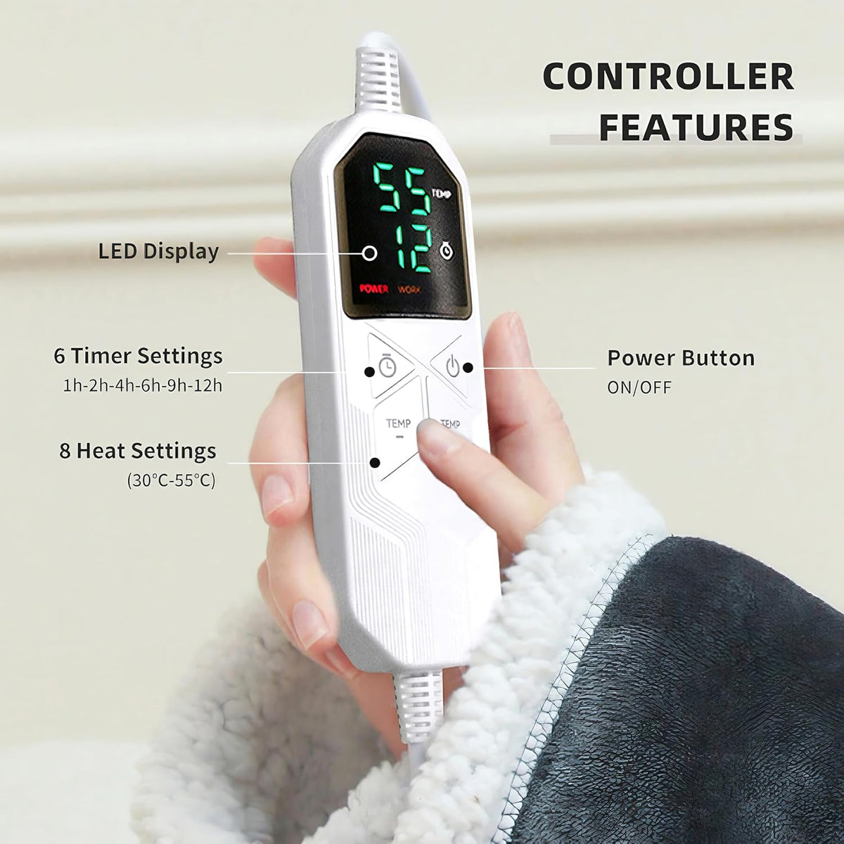 Heated blanket controller with timer and heat settings