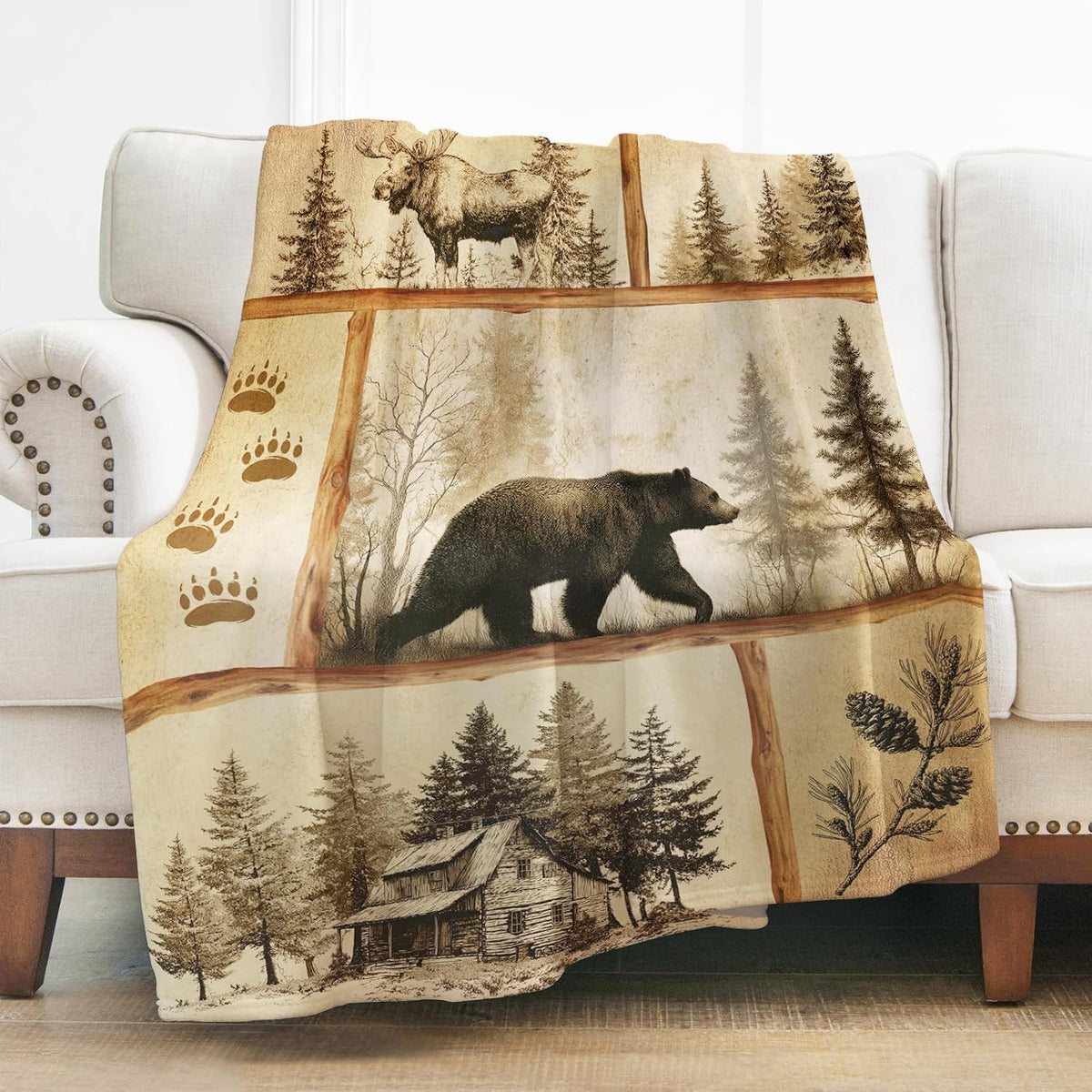 Bear Blanket Rustic Cabin Throw Blankets Gifts for Men Women, 60"X50" Farmhouse Country Bear Moose Forest Wild Animal Vintage Throw Blanket, Hunting Camping Flannel Throws Decor for Couch Bed Bedroom