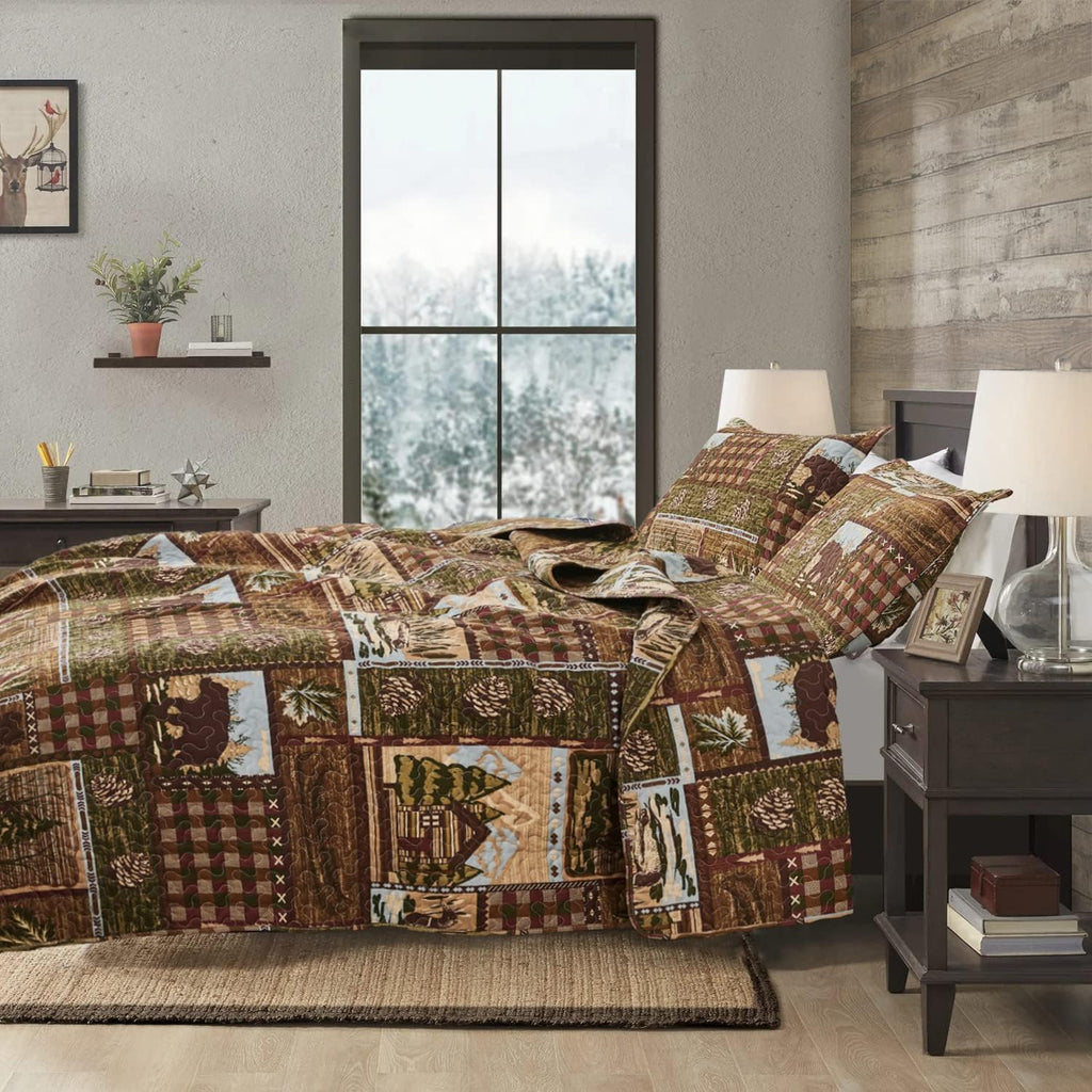 Lodge Bedspread Queen Size, Rustic Cabin Quilt Sets Moose Bear Bedspread Coverlet Patchwork Plaid Bedcover Reversible Wildlife Printed Quilted Bed Set Brown Bed Cover Country Decor(90"X 90")