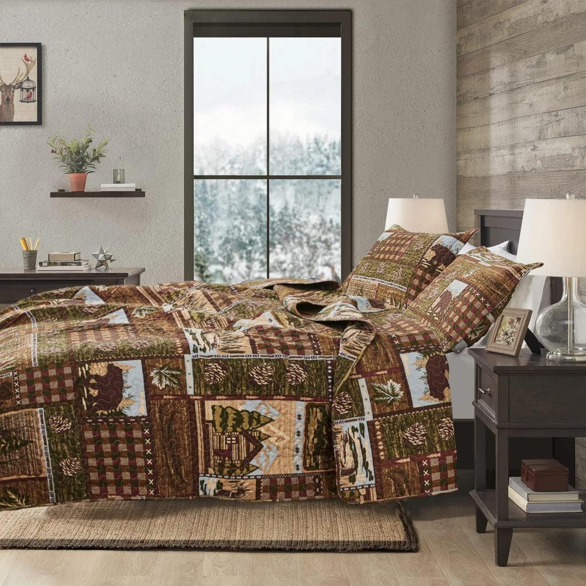 Lodge Bedspread Queen Size, Rustic Cabin Quilt Sets Moose Bear Bedspread Coverlet Patchwork Plaid Bedcover Reversible Wildlife Printed Quilted Bed Set Brown Bed Cover Country Decor(90"X 90")