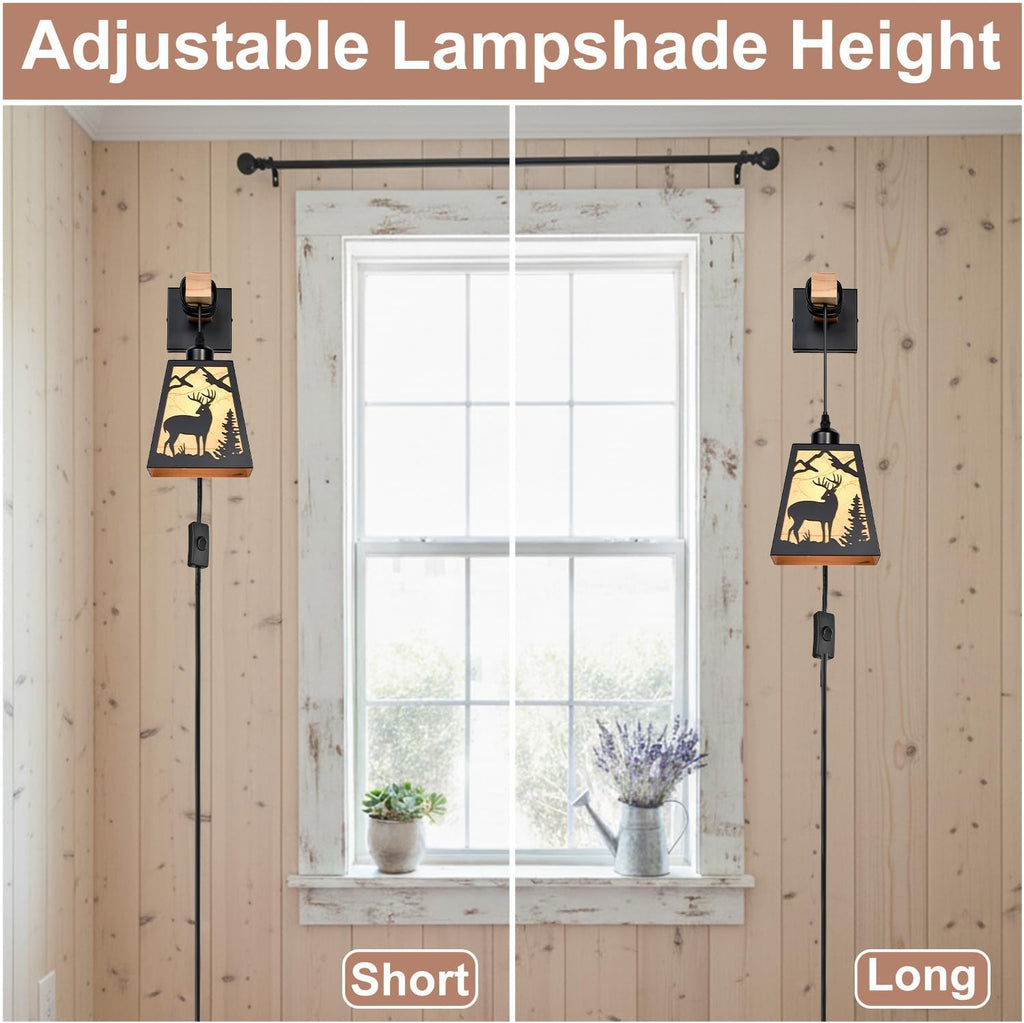 Plug in Wall Sconce,Deer Matte Metal Rustic Wall Sconces,Black Wall Lights,Farmhouse Parchment Paper Shades Wall Sconce Set of Two,Wall Lamps for Bedside,Living Room,Bedroom,Hallway,Bathroom