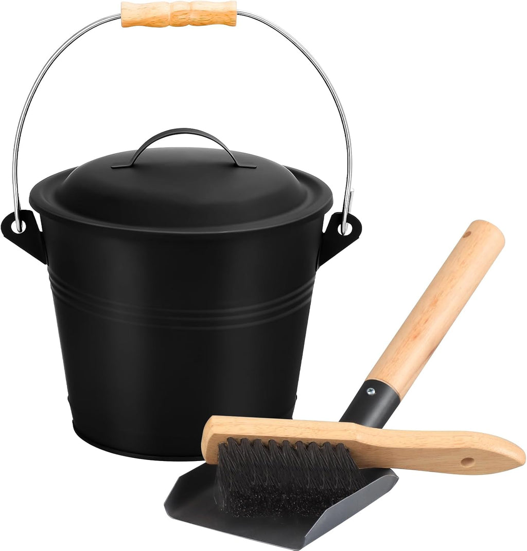 1.5 Gallon Ash Bucket for Fireplace with Lid, Shovel & Hand Brush - Small Heavy Duty Powder-Coated Galvanized Ash Can for Wood Stove, Pellet Stove, Fire Pit & Grill Cleanup Black