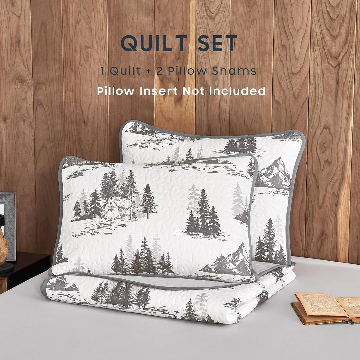- Rustic Quilt Set, Cabin Forest Woodland Camping Theme with Lodge Mountain Print, Reversible Lightweight Bedspread Coverlet, 3 Pieces, Grey White, Queen/Full Size