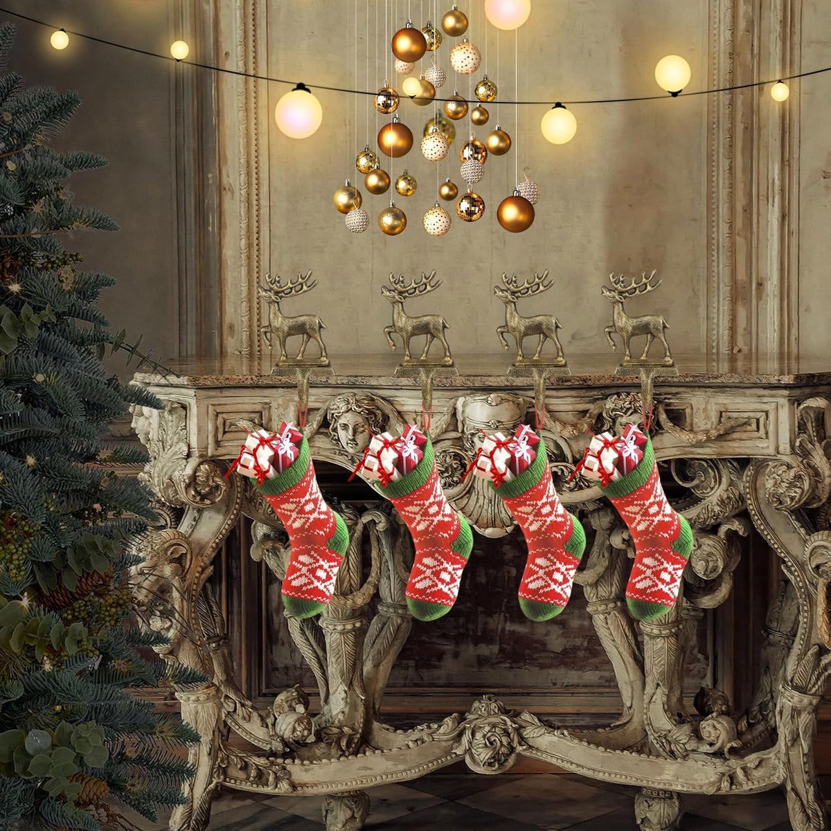 4Pcs Stocking Holders, Reindeer Pattern Metal Mantel Hooks, Anti-Slip Heavy Duty Solid Cast Iron Mantle Hangers Xmas Décor for Fireplace Holiday Indoor Decoration