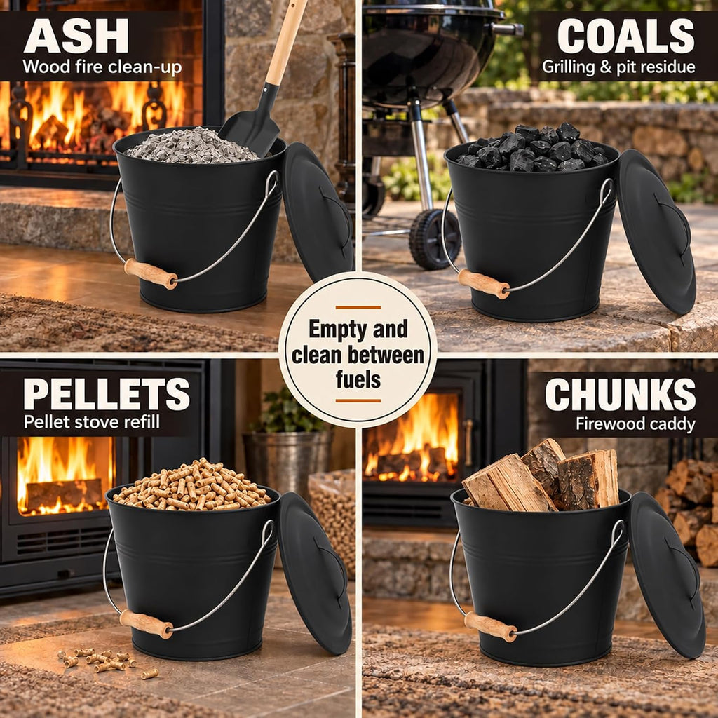 1.5 Gallon Ash Bucket for Fireplace with Lid, Shovel & Hand Brush - Small Heavy Duty Powder-Coated Galvanized Ash Can for Wood Stove, Pellet Stove, Fire Pit & Grill Cleanup Black