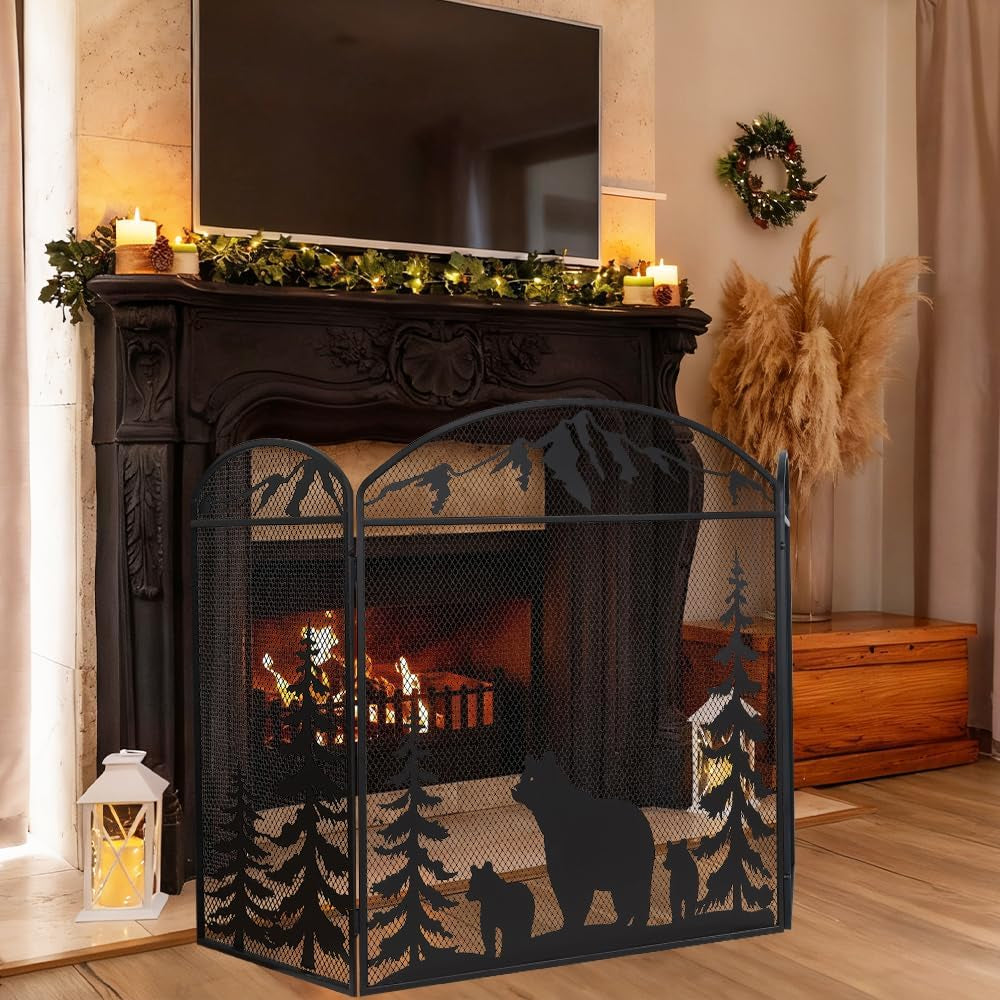 48" X 30" Fireplace Screen, 3 Panel Fire Place Cover for Living Room, Christmas Decoration Gate with Polar Bear for Brick Fireplace, Baby Proof, Pet Safety