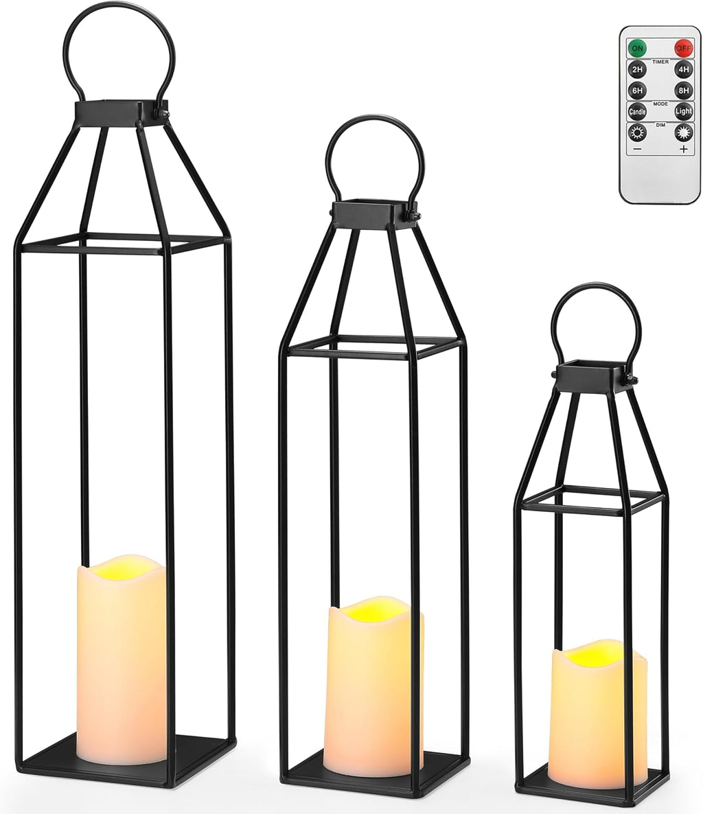 Set of 3 Black Metal Lanterns W/ Waterproof Flickering Flameless Candle & Remote Timer, Modern Farmhouse Lanterns Decorative for Outdoor, Front Porch, Indoor, Patio, Garden, Fireplace