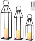 Set of 3 Black Metal Lanterns W/ Waterproof Flickering Flameless Candle & Remote Timer, Modern Farmhouse Lanterns Decorative for Outdoor, Front Porch, Indoor, Patio, Garden, Fireplace