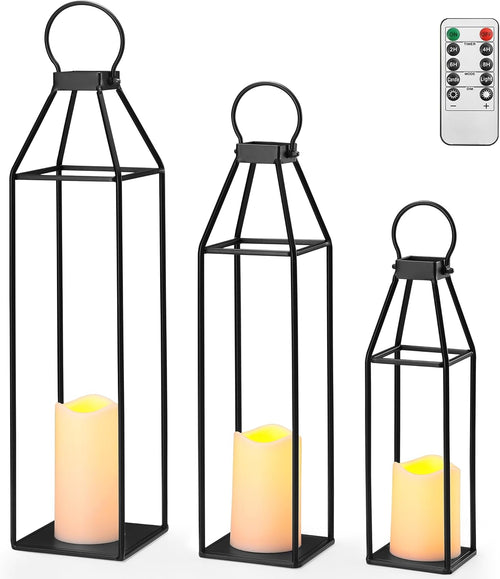 Set of 3 Black Metal Lanterns W/ Waterproof Flickering Flameless Candle & Remote Timer, Modern Farmhouse Lanterns Decorative for Outdoor, Front Porch, Indoor, Patio, Garden, Fireplace