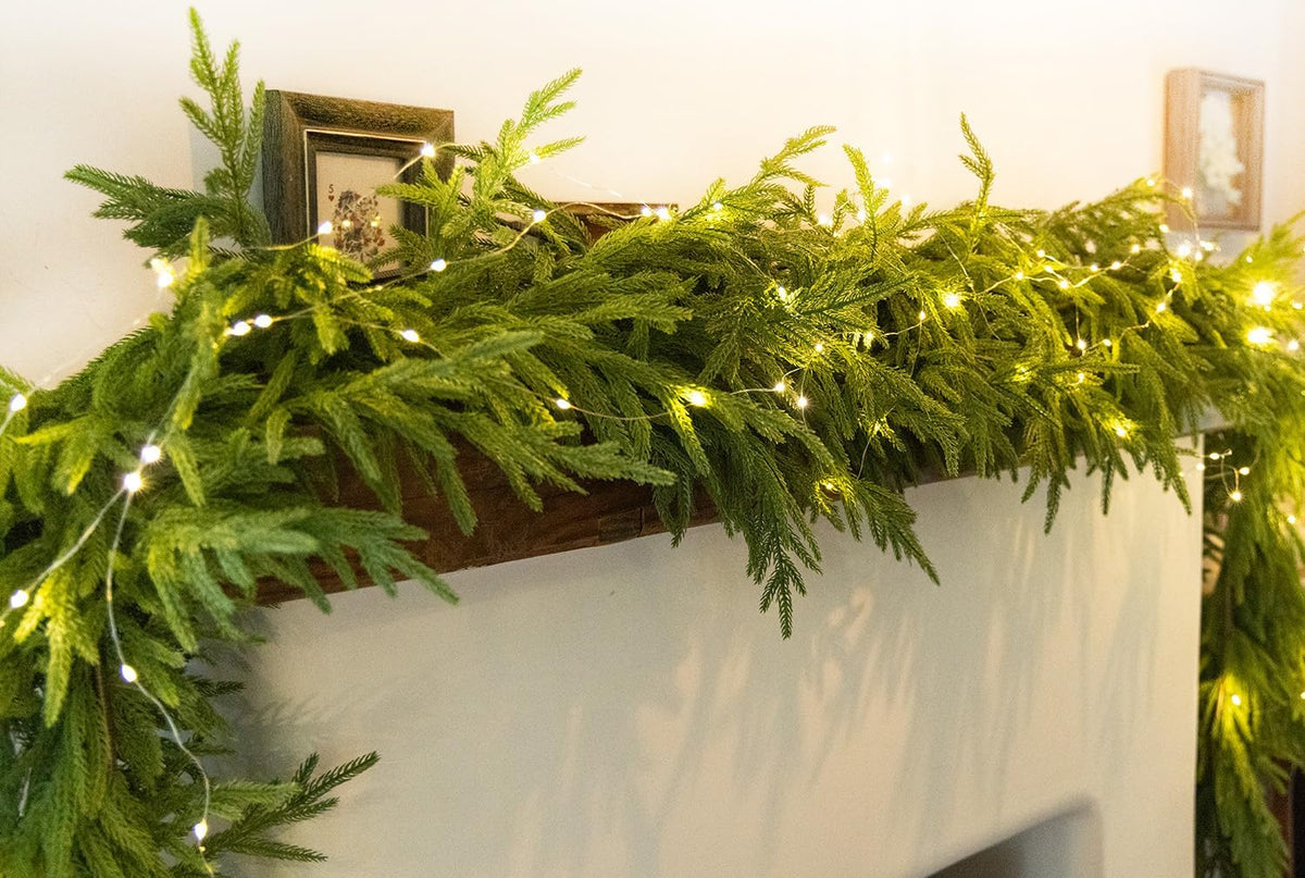 Christmas Garland with Lights, Real Touch Winter Pine Garland, Green Artificial Greenery Garland for Table, Mantle, Wall, Indoor, Outdoor Christmas Decorations