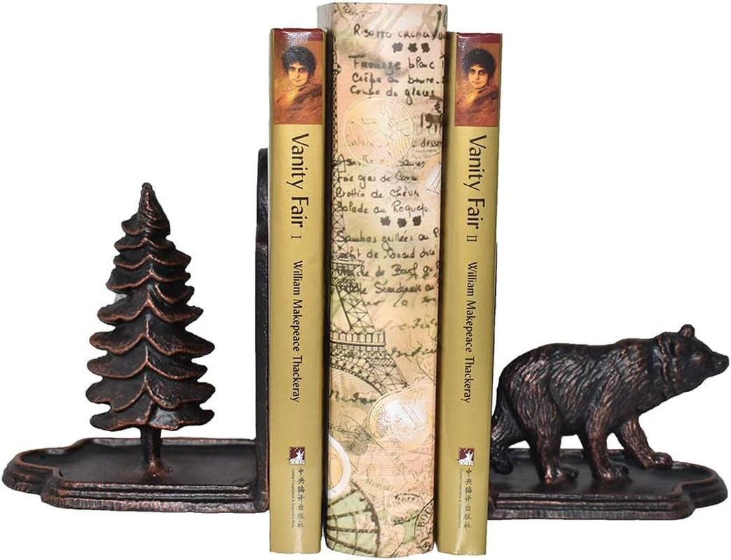 Bear Bookends Decorative, Heavy Duty Cast Iron Bookends for the Shelves, Pine Tree and Bear Statue Book End, Vintage Shelf Decor, Antique Bronze