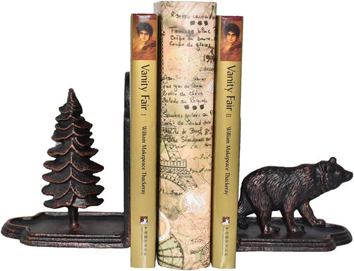 Bear Bookends Decorative, Heavy Duty Cast Iron Bookends for the Shelves, Pine Tree and Bear Statue Book End, Vintage Shelf Decor, Antique Bronze