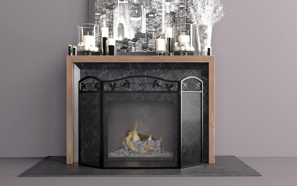 3-Panel Foldable Fireplace Screen, Black Steel Leaf Spark Guard