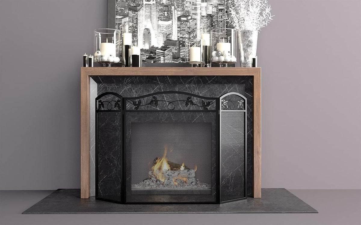 3-Panel Foldable Fireplace Screen, Black Steel Leaf Spark Guard