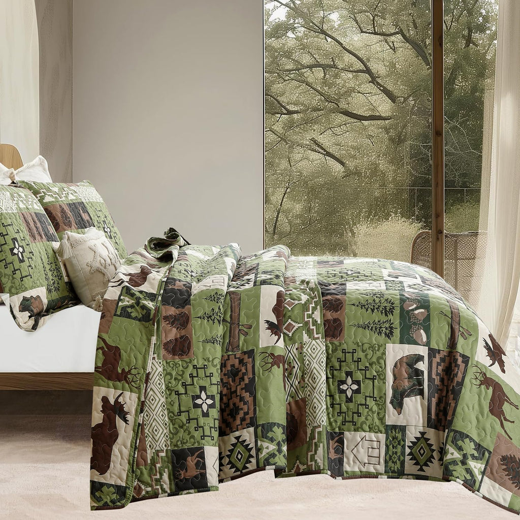 Rustic Quilt Set Queen Size Country Patchwork Quilt Bedding Home Lightweight Reversible Bedspread Rustic Bear Bedding Cabin Moose Forest Animal Coverlet