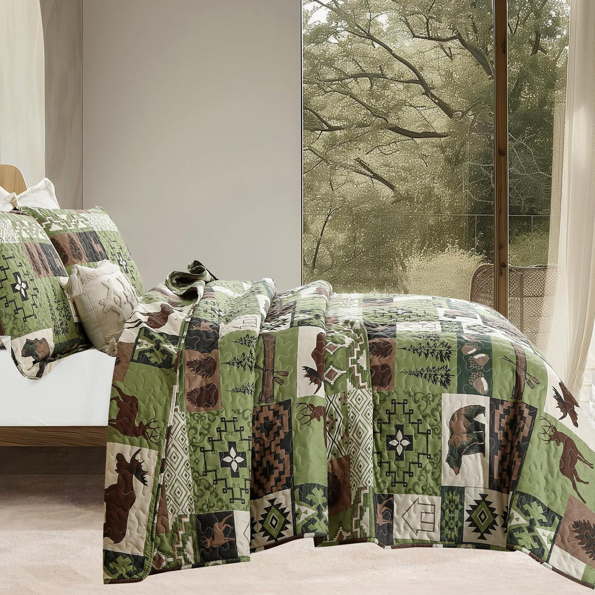 Rustic Quilt Set Queen Size Country Patchwork Quilt Bedding Home Lightweight Reversible Bedspread Rustic Bear Bedding Cabin Moose Forest Animal Coverlet