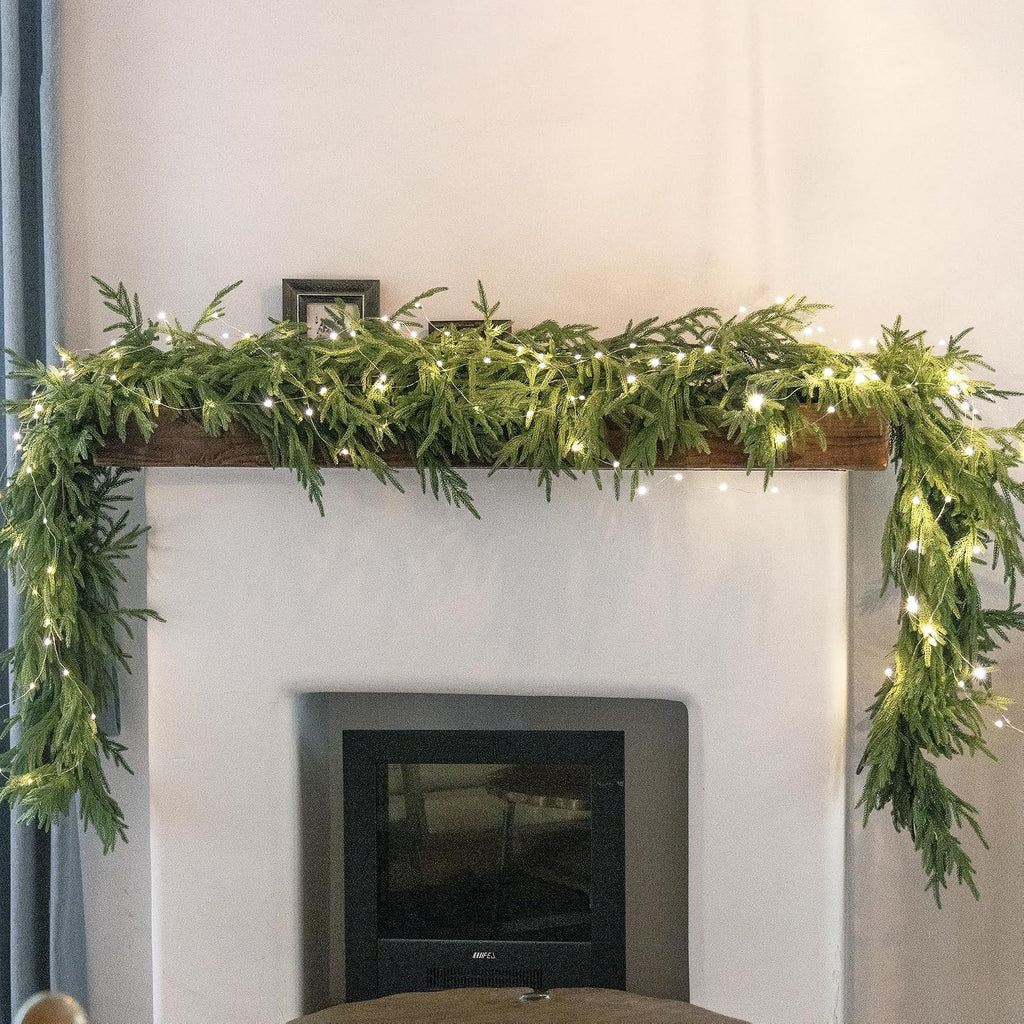 Christmas Garland with Lights, Real Touch Winter Pine Garland, Green Artificial Greenery Garland for Table, Mantle, Wall, Indoor, Outdoor Christmas Decorations