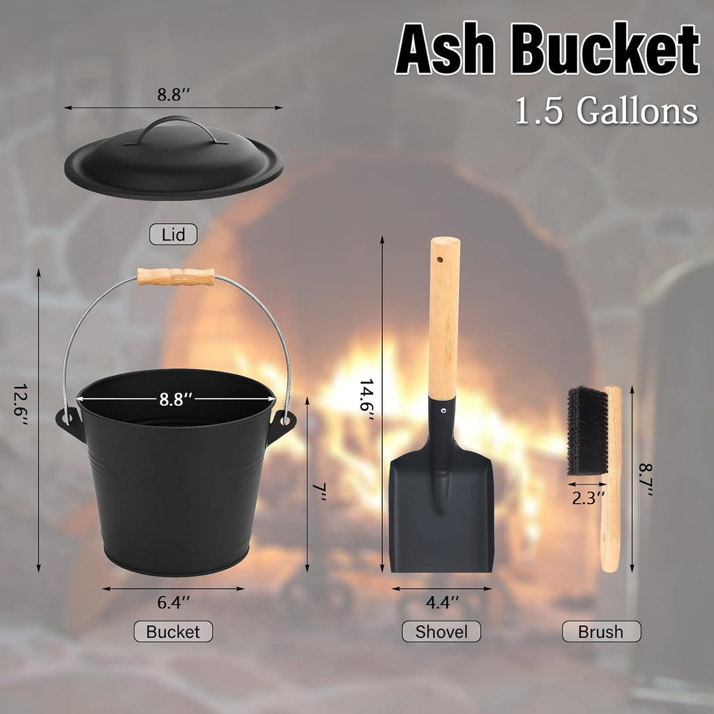 1.5 Gallon Ash Bucket for Fireplace with Lid, Shovel & Hand Brush - Small Heavy Duty Powder-Coated Galvanized Ash Can for Wood Stove, Pellet Stove, Fire Pit & Grill Cleanup Black