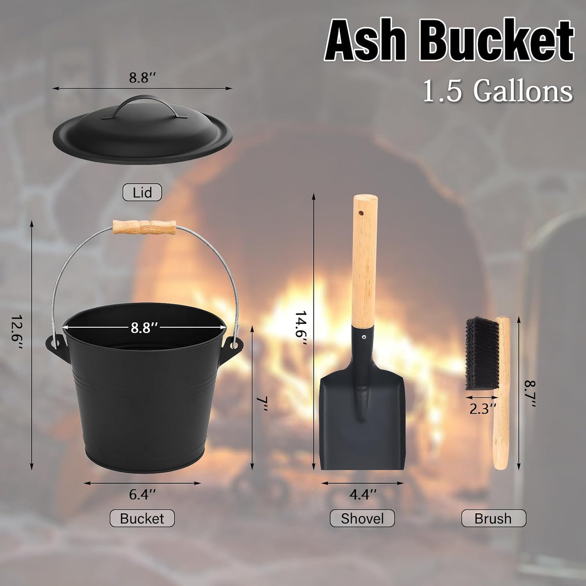 1.5 Gallon Ash Bucket for Fireplace with Lid, Shovel & Hand Brush - Small Heavy Duty Powder-Coated Galvanized Ash Can for Wood Stove, Pellet Stove, Fire Pit & Grill Cleanup Black