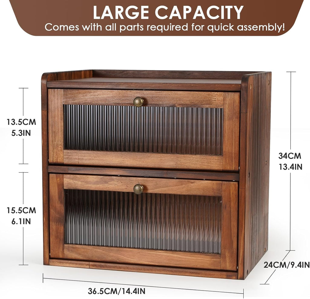 Bread Box for Kitchen Countertop Wooden Bread Storage Container Bin 2 Layer Breadbox Holder Large Capacity Keeper Vintage Farmhouse Food Organizer Pantry Shelf Acrylic Window (Brown)