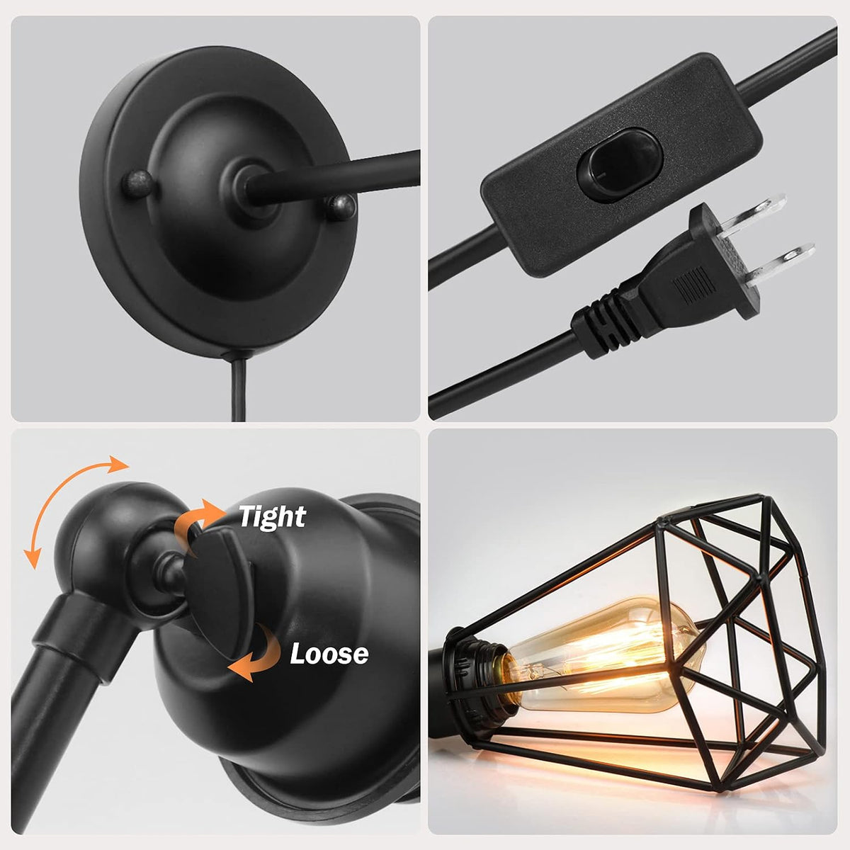 Plug in Wall Sconce, Wire Cage, Industrial Wall Lamp with Plug in Cord, Rustic Sconce Fixture, On/Off Switch Vintage Wall Light Fixture for Headboard Bedroom Porch-2 Pack