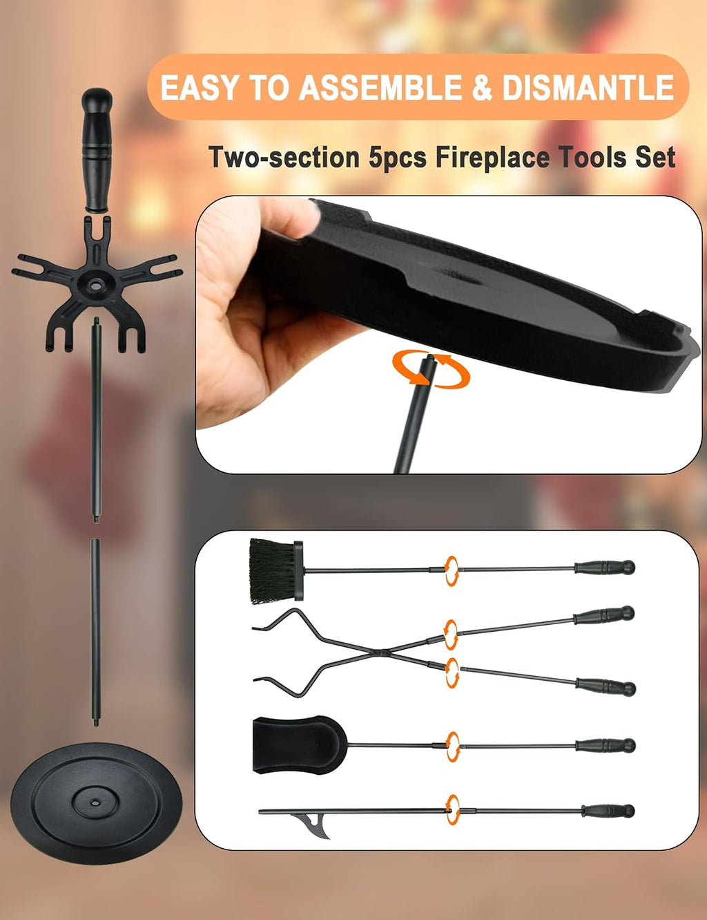 Fireplace Tools 5 Pcs 31.5In Fireplace Tool Set Indoor Fireside Accessories Large Fire Place Tools Set Outdoor Fireplace Kit with Poker Shovel Tongs Brush, Stand