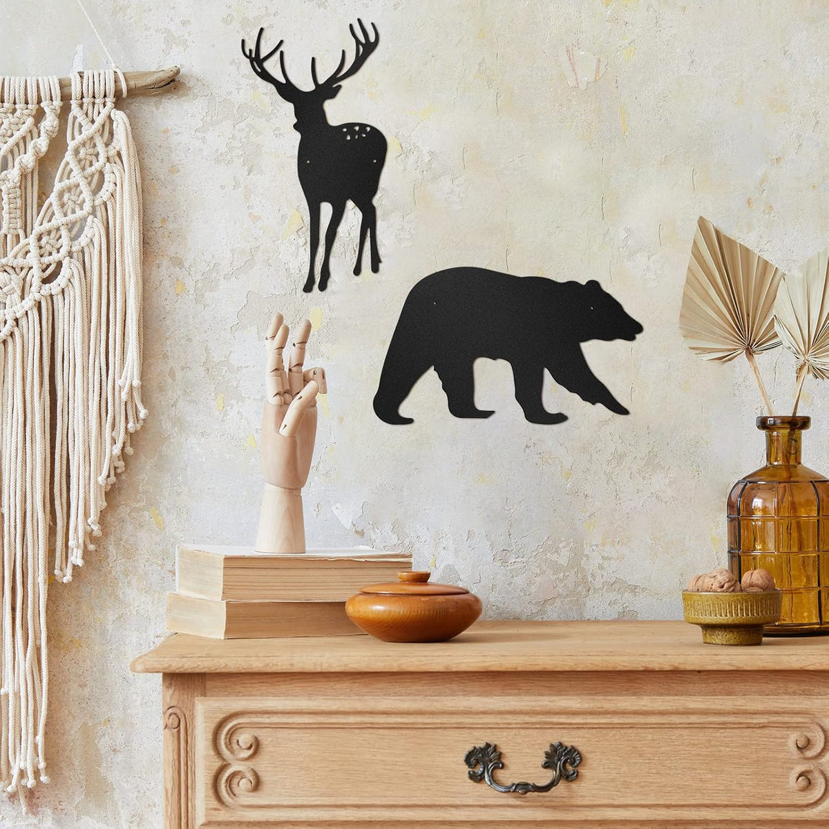 6 Pcs Metal Pine Tree Wall Art, Deer Bear Decor, Black
