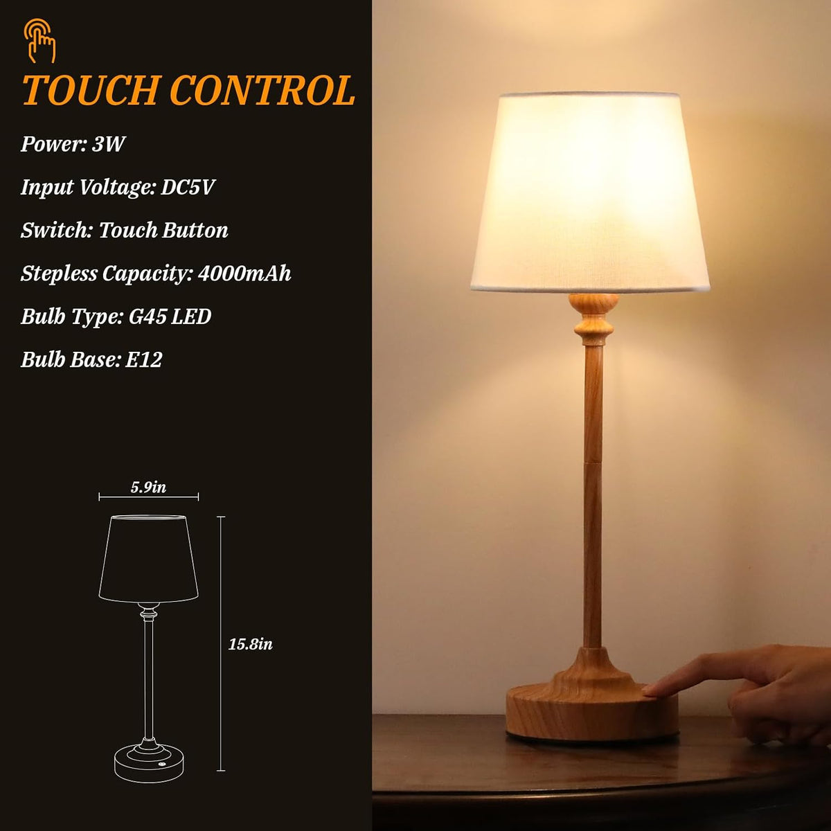 Cordless Table Lamps Rechargeable Set - 2 Pack Wooden 4000Mah Battery Operated Lamps for Decor, 3000K Stepless Dimming Touch Control Wireless Lamps for Bedroom, Dining Table