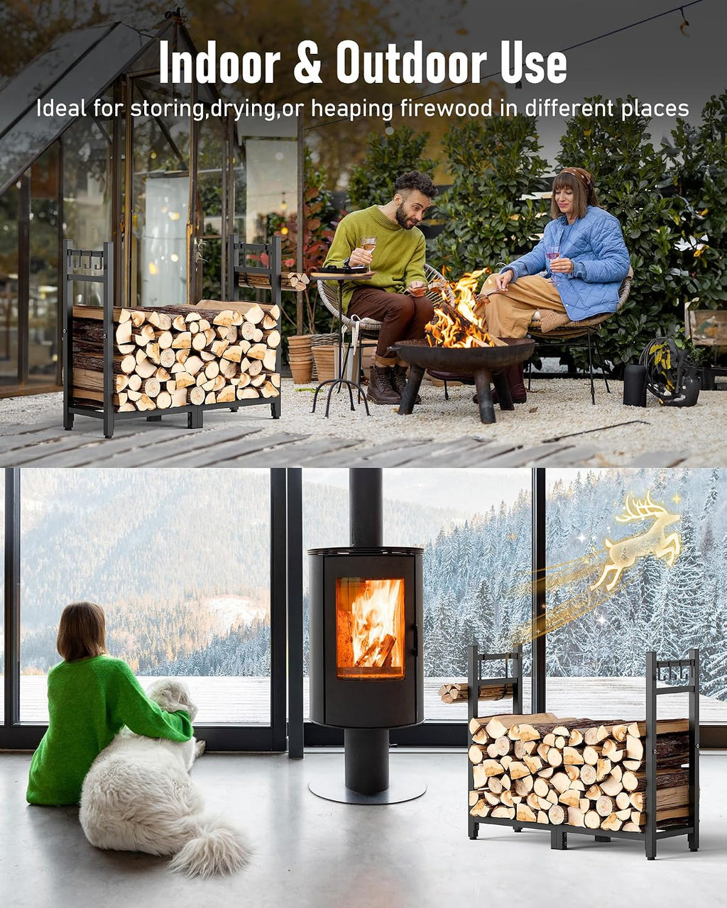 34Inch Firewood Rack Indoor with Log Carrier,Outdoor Wood Rack for Firewood