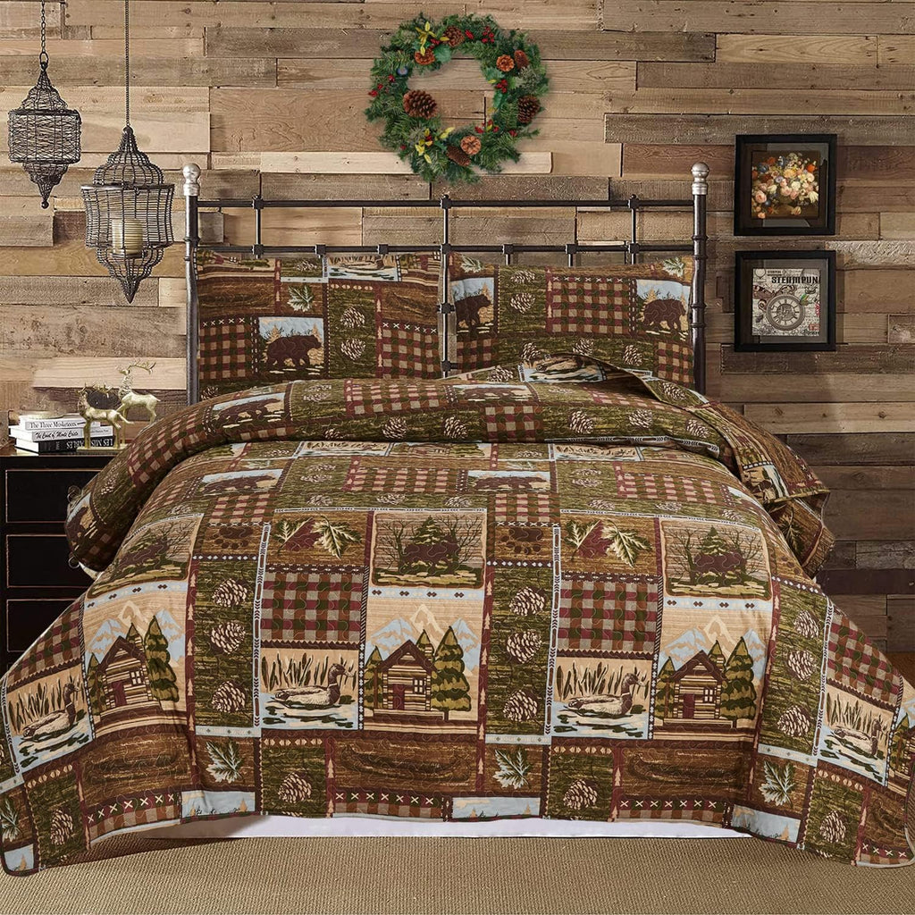 Lodge Bedspread Queen Size, Rustic Cabin Quilt Sets Moose Bear Bedspread Coverlet Patchwork Plaid Bedcover Reversible Wildlife Printed Quilted Bed Set Brown Bed Cover Country Decor(90"X 90")